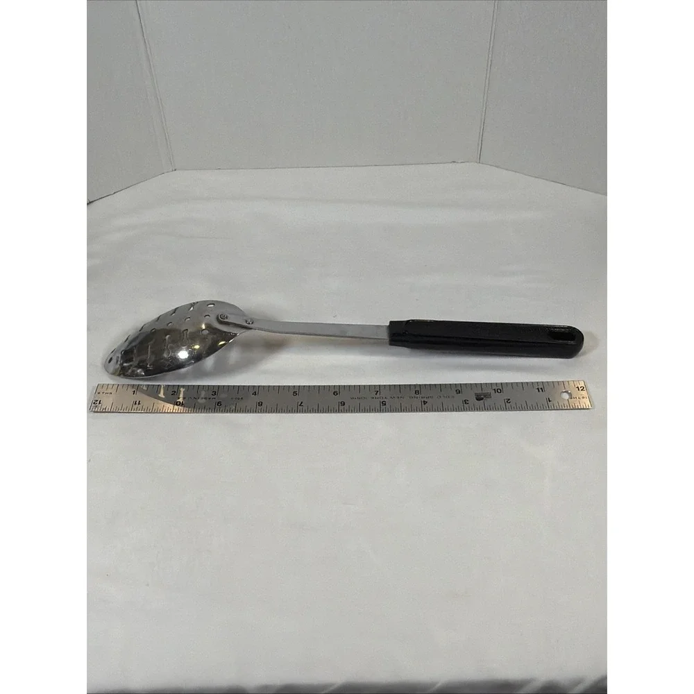 Vintage Ecko USA Slotted Metal Serving Spoon Utensil Black Plastic Handle  12